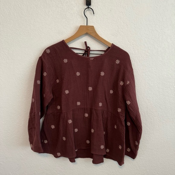 Madewell Embroidered Lightspun Peplum Open-Back Top Vintage Mulberry Red M - Picture 4 of 12